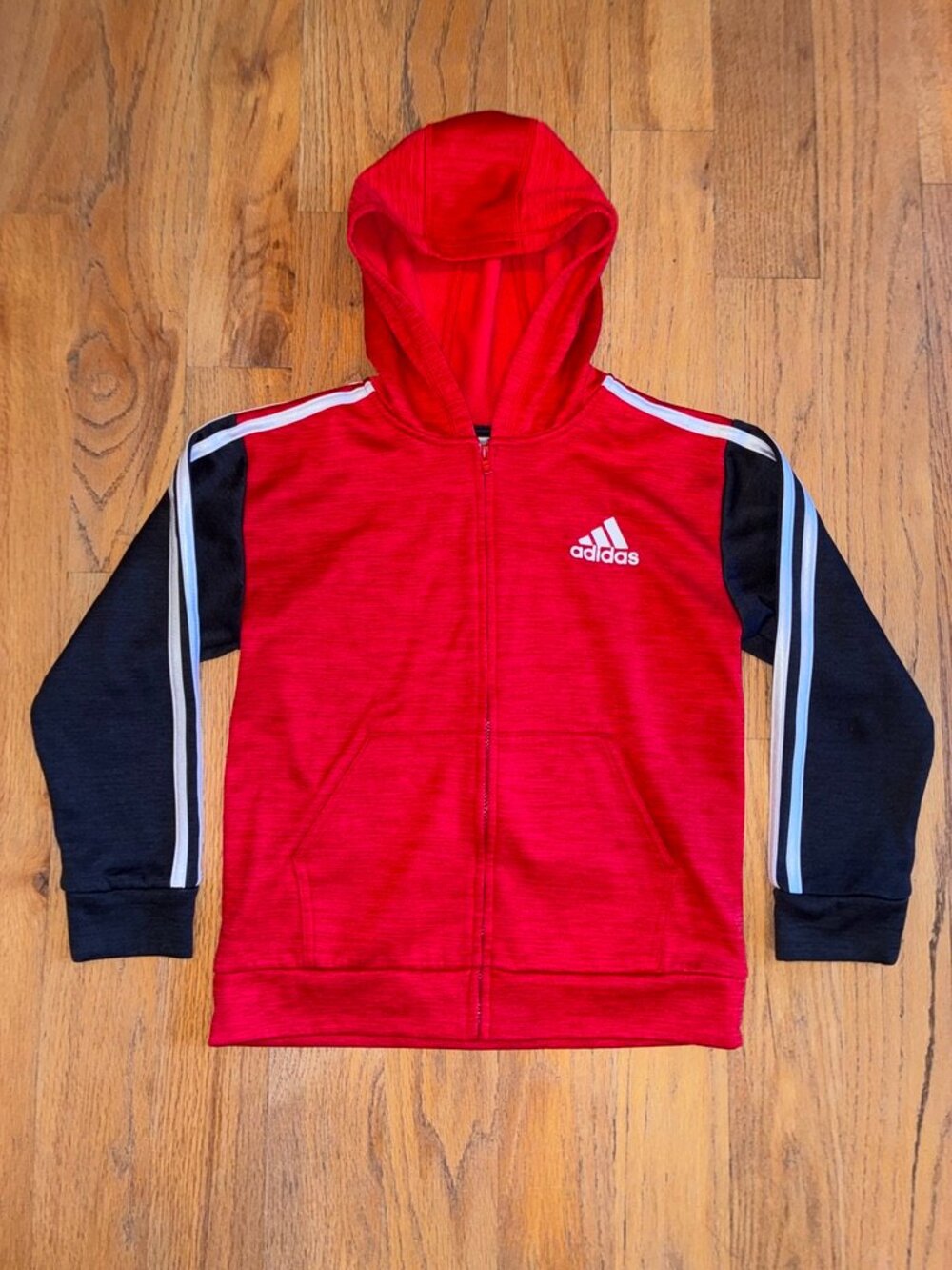 Adidas Boys 7 Red Heather Navy Three Stripe Full Zip Fleece Hoodie